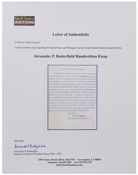 Alexander Butterfield Autograph Manuscript Signed Regarding Watergate and President Nixon's Involvement -- ''...Nixon, in my opinion, most assuredly knew about the first Watergate break-in...''