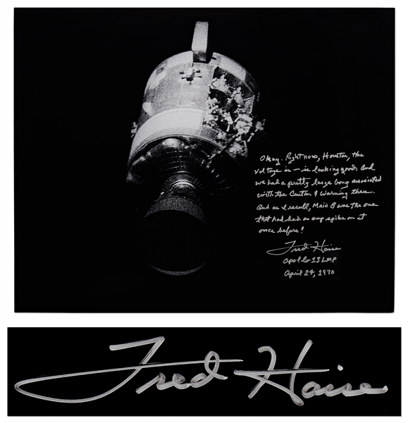 Fred Haise Signed 20'' x 16'' Photo of Apollo 13's Damaged Service Module -- ''...And we had a pretty large bang...''