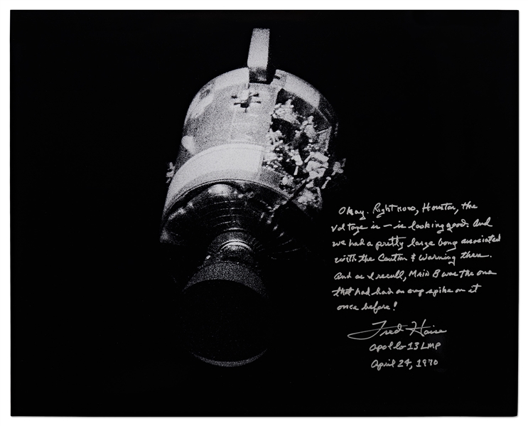 Fred Haise Signed 20'' x 16'' Photo of Apollo 13's Damaged Service Module -- ''...And we had a pretty large bang...''