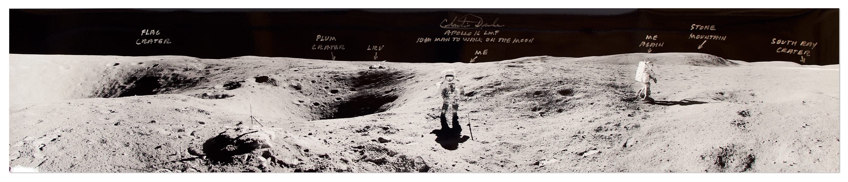 Charlie Duke Signed 40'' Panoramic Photo of the Lunar Surface During the Apollo 16 Mission -- With Duke's Hand Notations