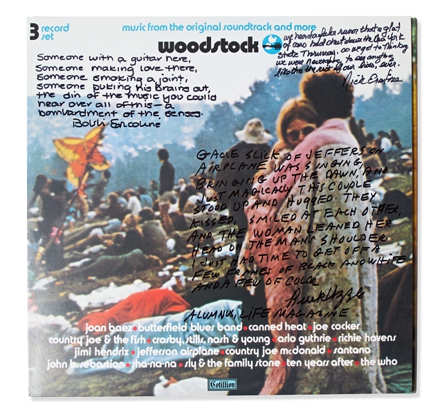 Woodstock Album Signed by Photographer Burk Uzzle & the Iconic Couple -- ''...Someone with a guitar here, someone making love there, someone smoking a joint...a bombardment of the senses...''