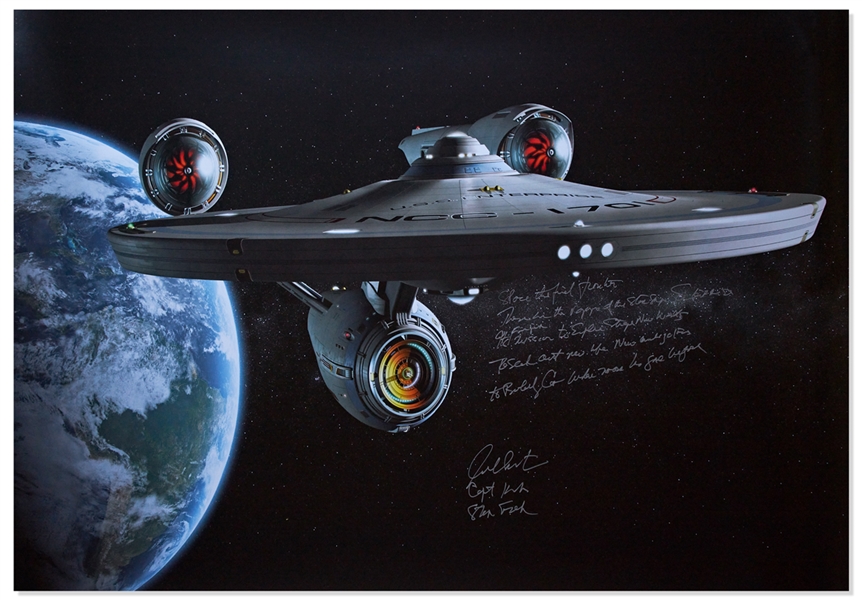 William Shatner Signed Oversized ''Star Trek'' Photo Measuring 33'' x 47'' -- Shatner Writes the Title Sequence Introduction: ''Space the Final Frontier...William Shatner / Capt. Kirk / Star Trek''