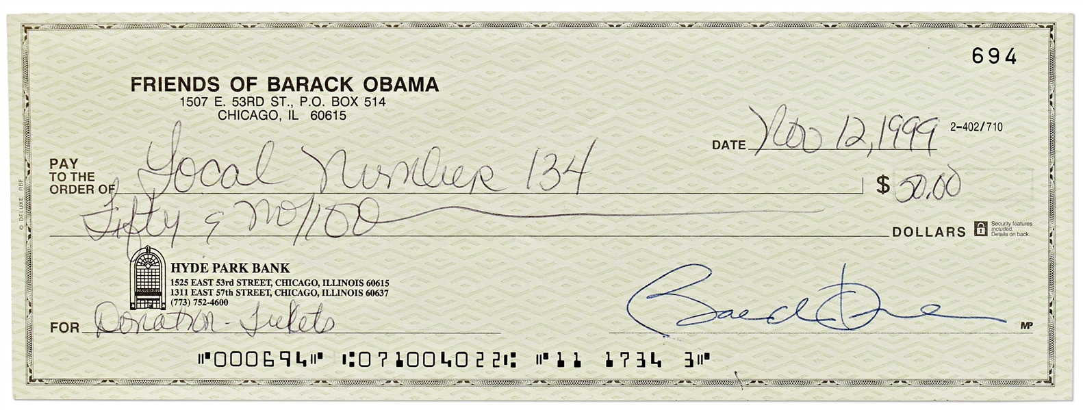 Barack Obama Check Signed from 1999 on the ''Friends of Barack Obama'' Bank Account -- Unendorsed & Without Bank Cancellation Marks