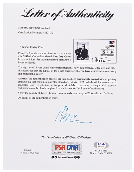 Mikhail Gorbachev Signed First Day Cover for the U.S. Flag Stamp -- With PSA/DNA COA