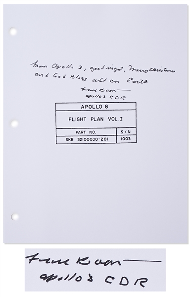 Frank Borman Signed Copy of the Apollo 8 Flight Plan, With His Christmas Message