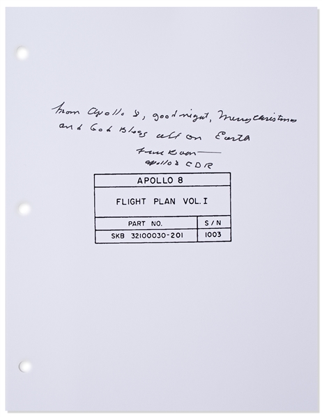 Frank Borman Signed Copy of the Apollo 8 Flight Plan, With His Christmas Message