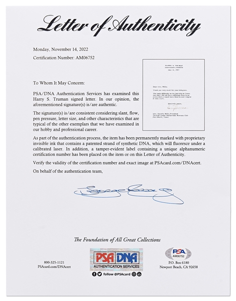 Harry Truman Letter Signed -- With PSA/DNA COA