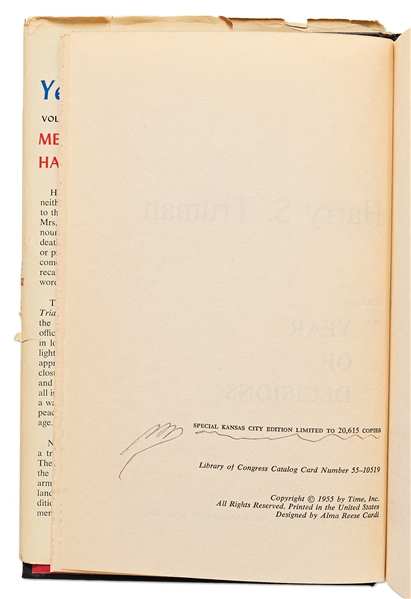 Harry Truman Signed ''Year of Decisions'', Volume I of His Memoirs