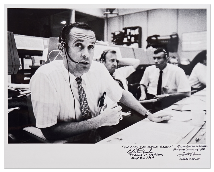 Charlie Duke and Fred Haise Signed 20'' x 16'' Photo of the Apollo 11 Mission Control -- Duke, the CAPCOM for Apollo 11, Writes ''WE COPY YOU DOWN EAGLE!''