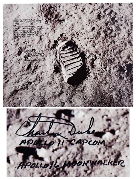 Charlie Duke Signed 20'' x 16'' Photo of the Famous Apollo 11 ''Footprint'' -- Duke Served as Apollo 11 CAPCOM and Describes the Moment When the Eagle Touched Down on the Moon