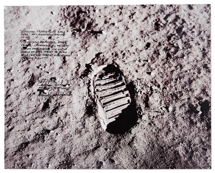 Charlie Duke Signed 20'' x 16'' Photo of the Famous Apollo 11 ''Footprint'' -- Duke Served as Apollo 11 CAPCOM and Describes the Moment When the Eagle Touched Down on the Moon