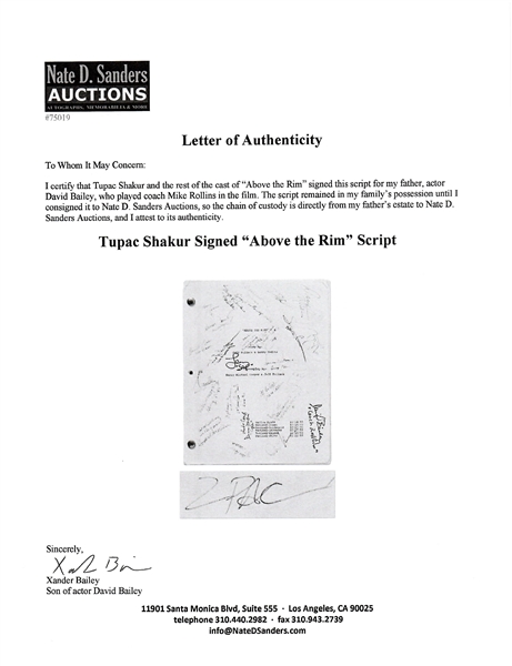 Tupac Shakur Signed Script for ''Above the Rim''