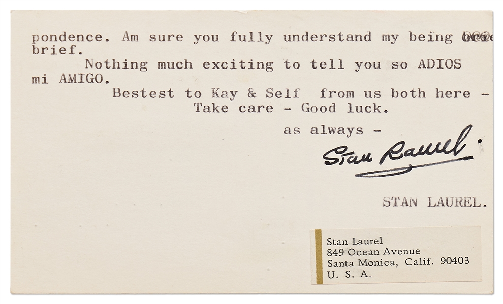 Stan Laurel Typed Letter Signed with Full Name