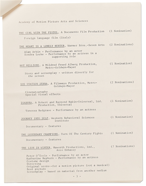 41st Academy Awards Presentation Program