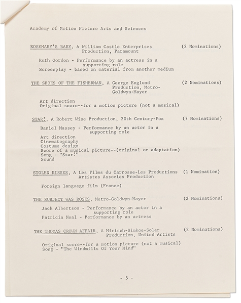 41st Academy Awards Presentation Program