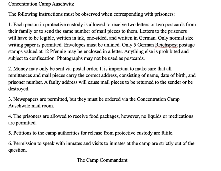 WWII Letter From a Prisoner at the Auschwitz Concentration Camp -- on Auschwitz Stationery With Camp ''Rules''