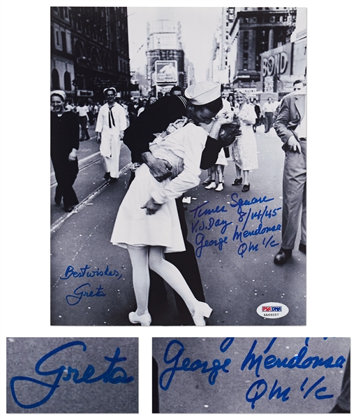 Photo of the Iconic Times Square Kiss to Celebrate the End of World War II, Signed by the Couple Greta Zimmer & George Mendonsa -- Photo Measures 8'' x 10'', With PSA/DNA COA