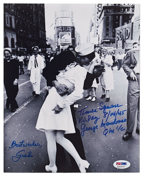 Photo of the Iconic Times Square Kiss to Celebrate the End of World War II, Signed by the Couple Greta Zimmer & George Mendonsa -- Photo Measures 8'' x 10'', With PSA/DNA COA