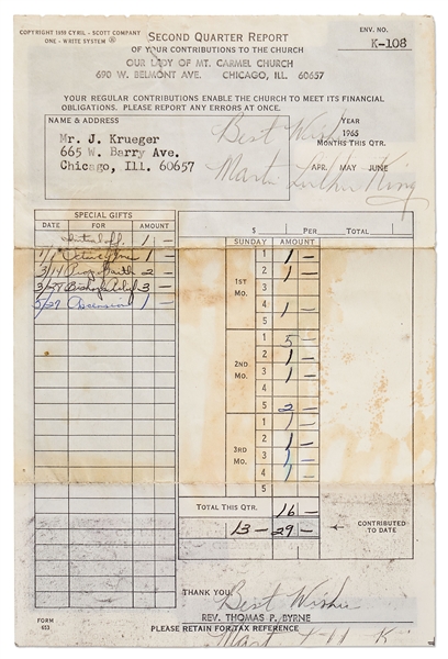 Martin Luther King, Jr. Signed Donation Receipt -- Without Inscription