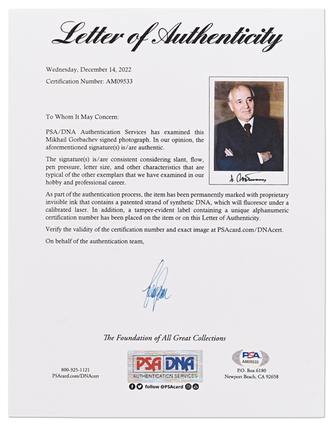 Mikhail Gorbachev Signed 8'' x 10'' Photo Without Inscription -- With PSA/DNA COA