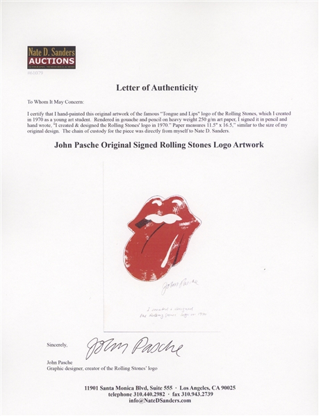 Original Artwork of the Famous Rolling Stones' Tongue and Lips Logo, Drawn by Its Creator John Pasche -- Measures 11.5 x 16.5