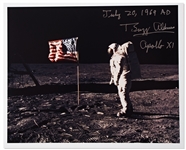 Buzz Aldrin Signed 10" x 8" Photo with Aldrin Writing "July 20, 1969 AD" as He Stands Next to the U.S. Flag on the Moon