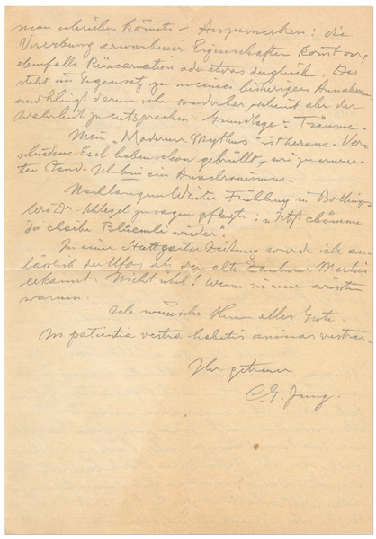 Carl Jung Autograph Letter Signed -- ''...characteristics may...be passed on in inheritance, and reincarnation or something like it may occur as well. This contradicts my previous assumptions...''