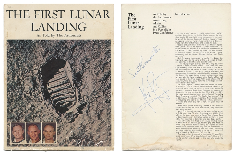 Neil Armstrong and Scott Carpenter Signed ''First Lunar Landing'' Book -- With Steve Zarelli COA -- Also Includes 3 Apollo 15 Red Number Photos Including Dave Scott Saluting the U.S. Flag on the Moon