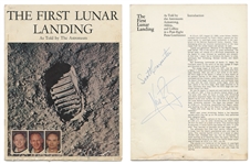 Neil Armstrong and Scott Carpenter Signed First Lunar Landing Book -- With Steve Zarelli COA -- Also Includes 3 Apollo 15 Red Number Photos Including Dave Scott Saluting the U.S. Flag on the Moon