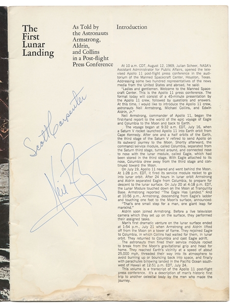 Neil Armstrong and Scott Carpenter Signed ''First Lunar Landing'' Book -- With Steve Zarelli COA -- Also Includes 3 Apollo 15 Red Number Photos Including Dave Scott Saluting the U.S. Flag on the Moon