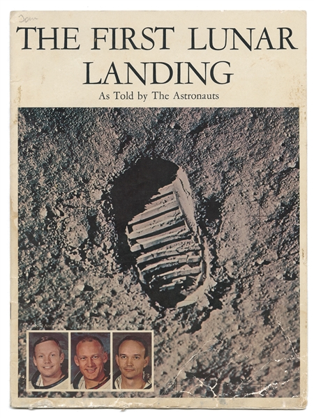 Neil Armstrong and Scott Carpenter Signed ''First Lunar Landing'' Book -- With Steve Zarelli COA -- Also Includes 3 Apollo 15 Red Number Photos Including Dave Scott Saluting the U.S. Flag on the Moon