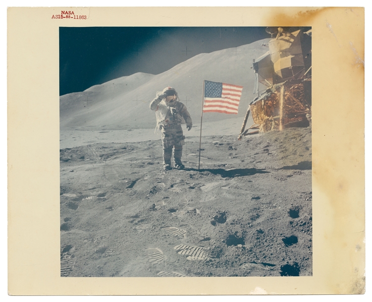 Neil Armstrong and Scott Carpenter Signed ''First Lunar Landing'' Book -- With Steve Zarelli COA -- Also Includes 3 Apollo 15 Red Number Photos Including Dave Scott Saluting the U.S. Flag on the Moon