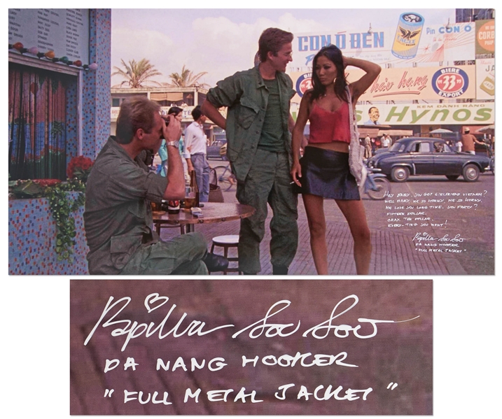 Iconic ''Full Metal Jacket'' Da Nang Hooker Scene 30'' x 16.5'' Photo with Actress Papillion Soo Soo Handwriting Most of Her Infamous Lines -- ''Me So Horny, Me Love You Long Time''