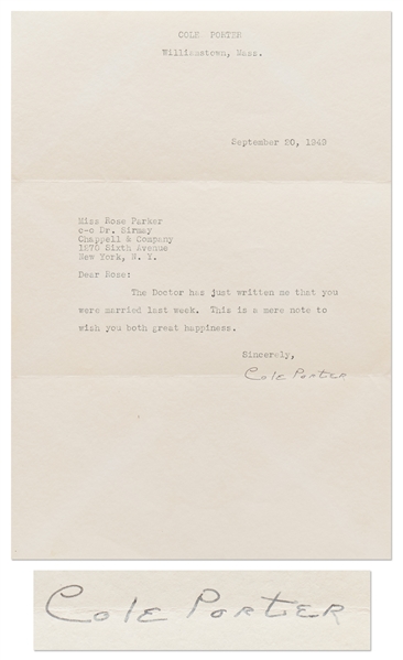 Letter Signed by Cole Porter -- ''...you were married last week. This is a mere note to wish you both great happiness...''