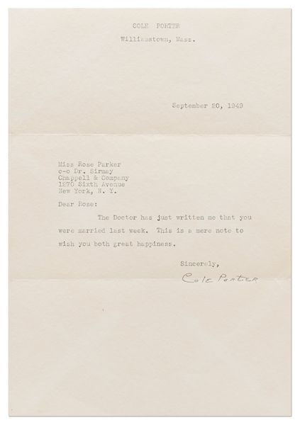 Letter Signed by Cole Porter -- ''...you were married last week. This is a mere note to wish you both great happiness...''