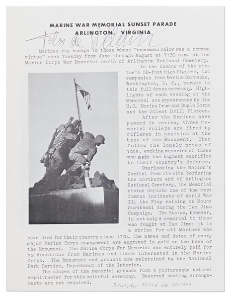 Flag Raising at Iwo Jima Signed Lot -- Photographer Joe Rosenthal Signed Card, Flag Raiser John Bradley Signed Card and Sculptor Felix De Weldon Signed Program