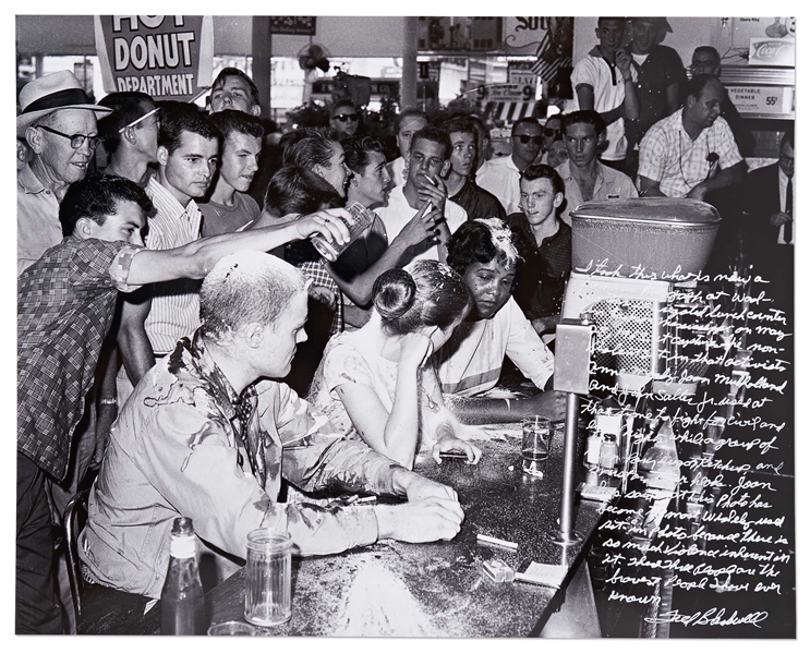 Photographer Fred Blackwell Handwritten & Signed 20'' x 16'' Photo of the 1963 Jackson, MS Woolworth Sit-in -- Personally Developed by Blackwell, It Captured the Most Violent Civil Rights Sit-in