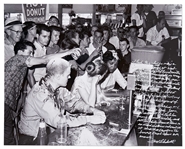 Photographer Fred Blackwell Handwritten & Signed 20 x 16 Photo of the 1963 Jackson, MS Woolworth Sit-in -- Personally Developed by Blackwell, It Captured the Most Violent Civil Rights Sit-in