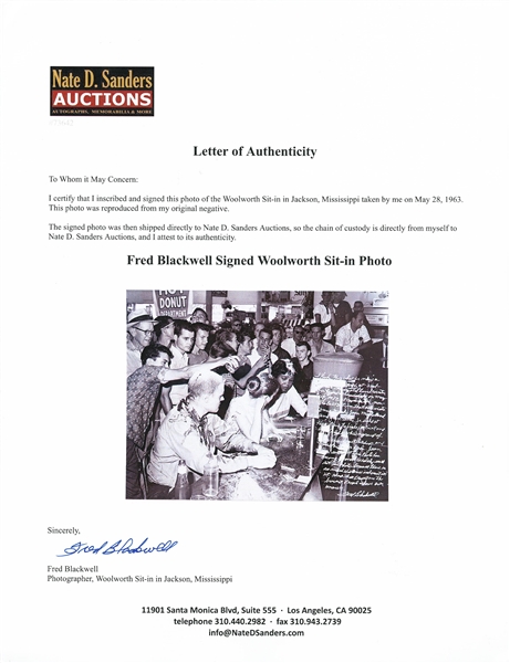 Photographer Fred Blackwell Handwritten & Signed 20'' x 16'' Photo of the 1963 Jackson, MS Woolworth Sit-in -- Personally Developed by Blackwell, It Captured the Most Violent Civil Rights Sit-in