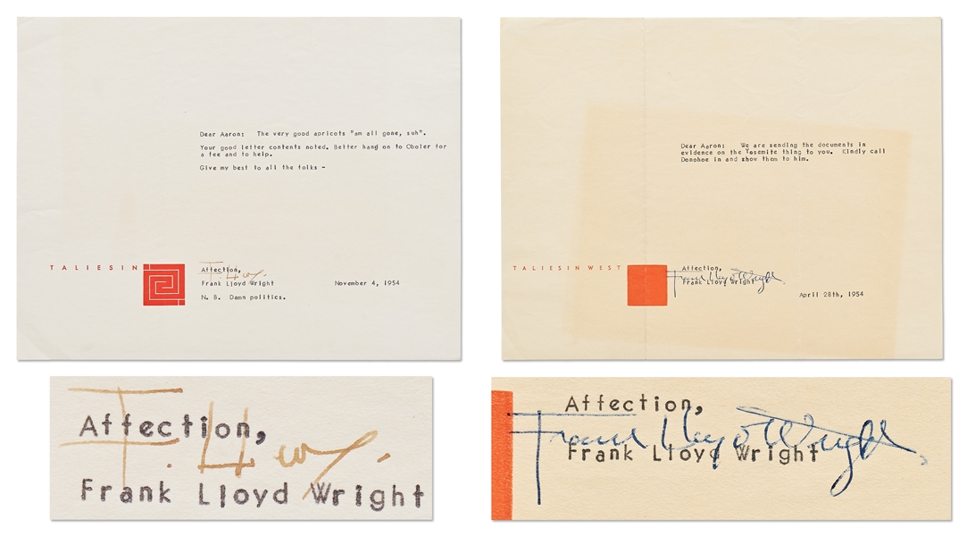 Frank Lloyd Wright Correspondence Regarding Yosemite National Park's Degnan's Kitchen & the Arch Oboler Complex -- Includes 2 Letters Signed by Wright, 5 Telegrams & Numerous Retained Letters