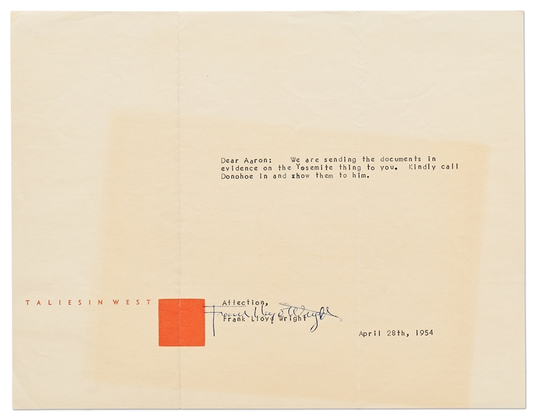 Frank Lloyd Wright Correspondence Regarding Yosemite National Park's Degnan's Kitchen & the Arch Oboler Complex -- Includes 2 Letters Signed by Wright, 5 Telegrams & Numerous Retained Letters