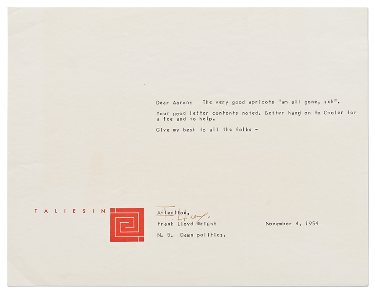 Frank Lloyd Wright Correspondence Regarding Yosemite National Park's Degnan's Kitchen & the Arch Oboler Complex -- Includes 2 Letters Signed by Wright, 5 Telegrams & Numerous Retained Letters