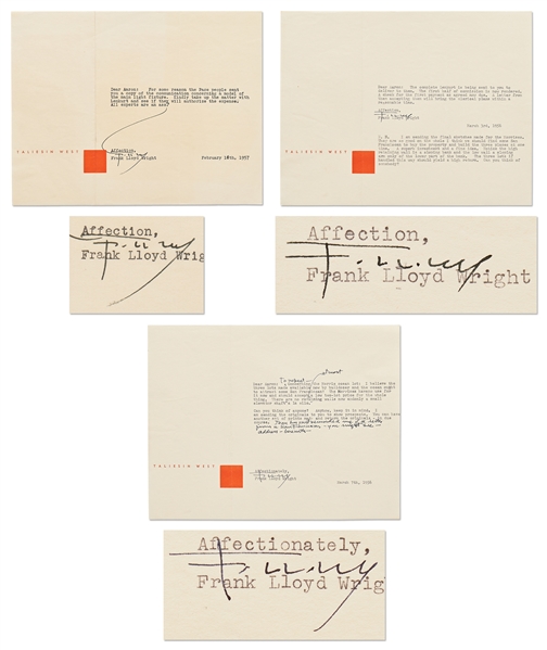 Frank Lloyd Wright Correspondence Regarding the Ultimately Doomed Lenkurt Electric Project -- Includes 3 Letters Signed by Wright with Handwritten Notes, 5 Telegrams & Dozens of Retained Letters