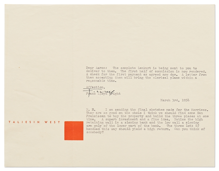 Frank Lloyd Wright Correspondence Regarding the Ultimately Doomed Lenkurt Electric Project -- Includes 3 Letters Signed by Wright with Handwritten Notes, 5 Telegrams & Dozens of Retained Letters