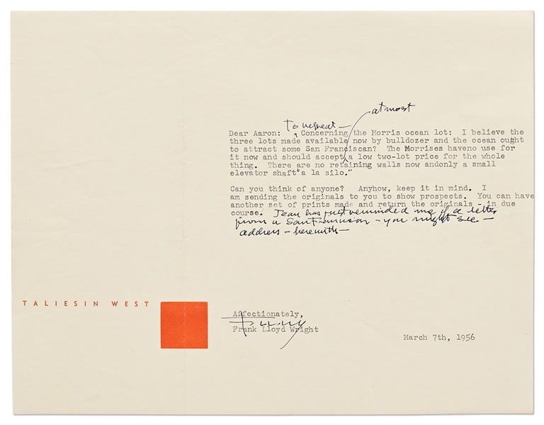 Frank Lloyd Wright Correspondence Regarding the Ultimately Doomed Lenkurt Electric Project -- Includes 3 Letters Signed by Wright with Handwritten Notes, 5 Telegrams & Dozens of Retained Letters