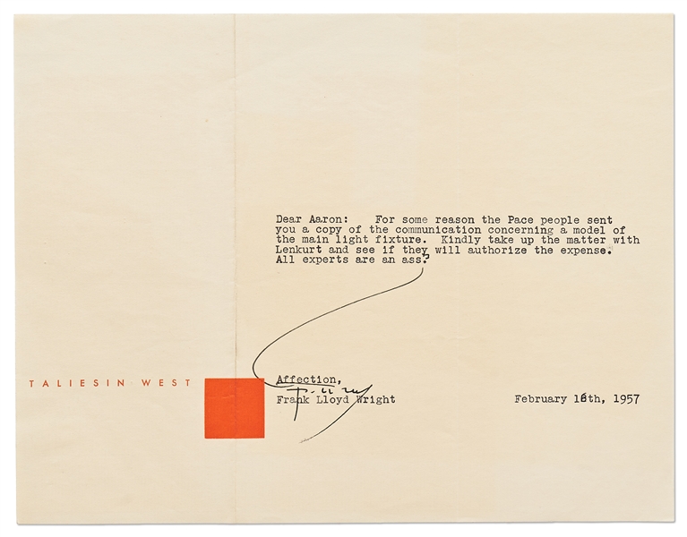 Frank Lloyd Wright Correspondence Regarding the Ultimately Doomed Lenkurt Electric Project -- Includes 3 Letters Signed by Wright with Handwritten Notes, 5 Telegrams & Dozens of Retained Letters