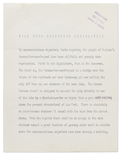 Very Large Lot of Correspondence from Frank Lloyd Wright -- Includes 13 Telegrams Sent by Wright, 3 Letters & Hundreds of Pages of Retained Letters & Documents