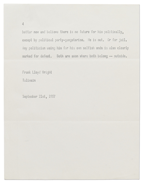 Very Large Lot of Correspondence from Frank Lloyd Wright -- Includes 13 Telegrams Sent by Wright, 3 Letters & Hundreds of Pages of Retained Letters & Documents