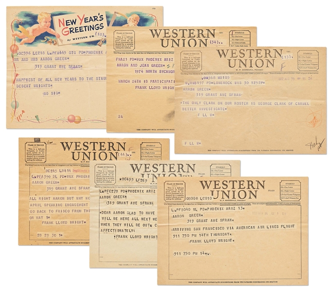 Very Large Lot of Correspondence from Frank Lloyd Wright -- Includes 13 Telegrams Sent by Wright, 3 Letters & Hundreds of Pages of Retained Letters & Documents