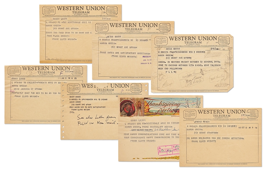 Very Large Lot of Correspondence from Frank Lloyd Wright -- Includes 13 Telegrams Sent by Wright, 3 Letters & Hundreds of Pages of Retained Letters & Documents